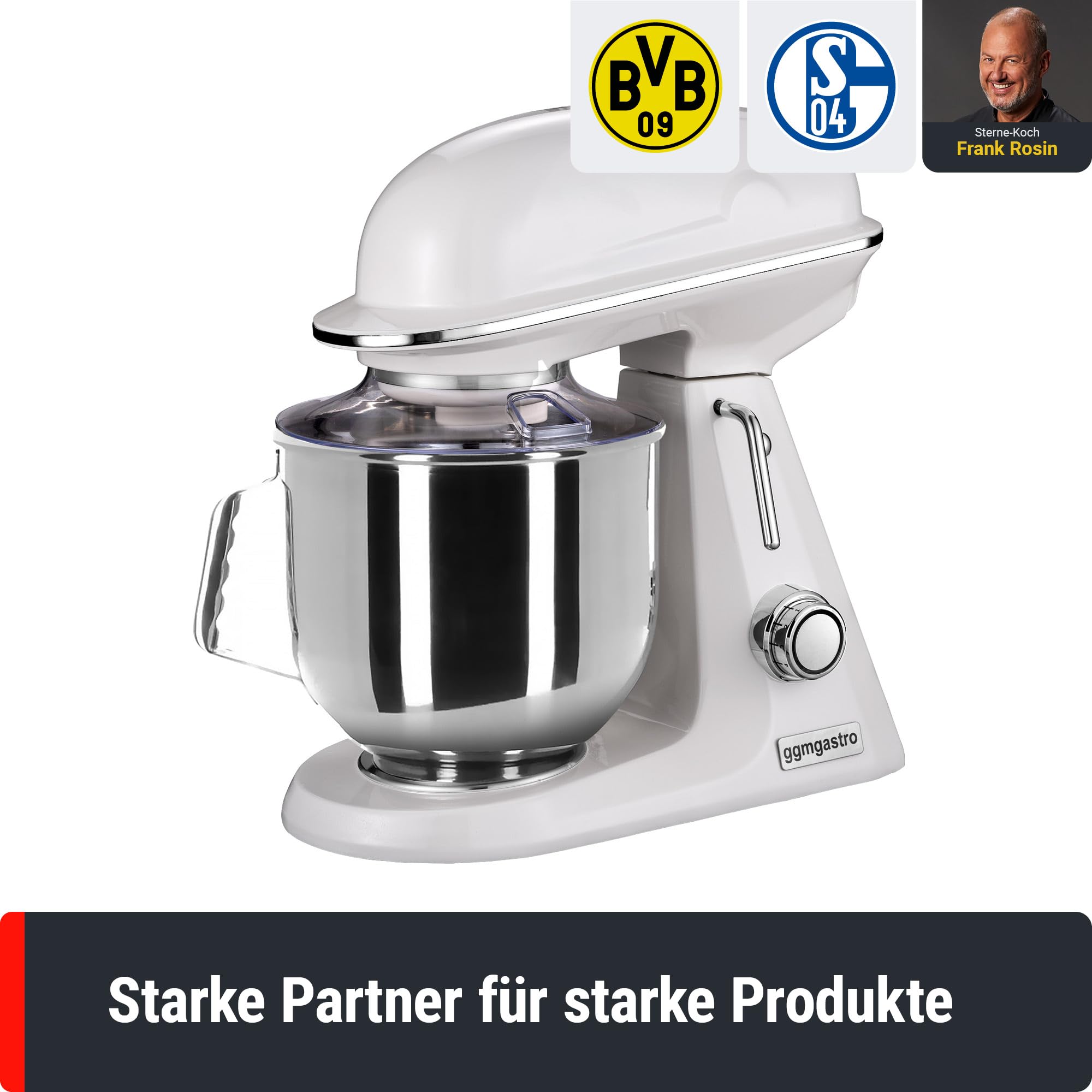 GGM Gastro | RMF7B-MW | Planetenrührmaschine - 7 Liter - 350 Watt - inkl. 3 Rühraufsätze & Spritzschutz - Milch-Weiß