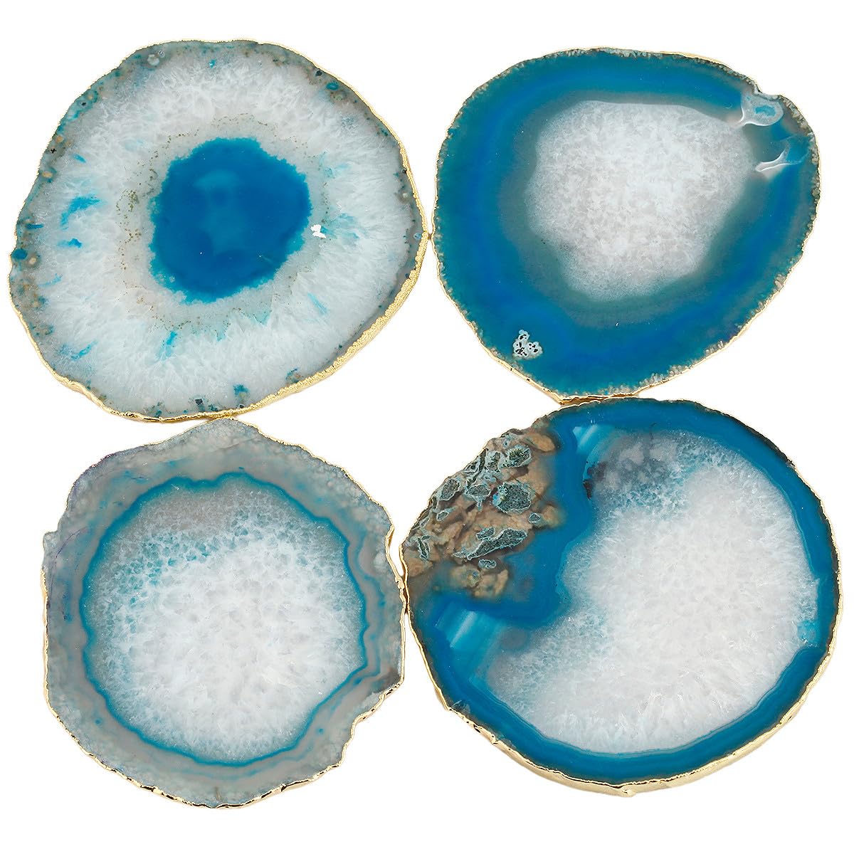 Nupuyai 2pcs Blue Agate Slices Cup Mats Coasters for Drink Irregular Crystal Stone Coaster Set Place Cards for Wedding Home Decor 3.1"-3.9" - Image 3