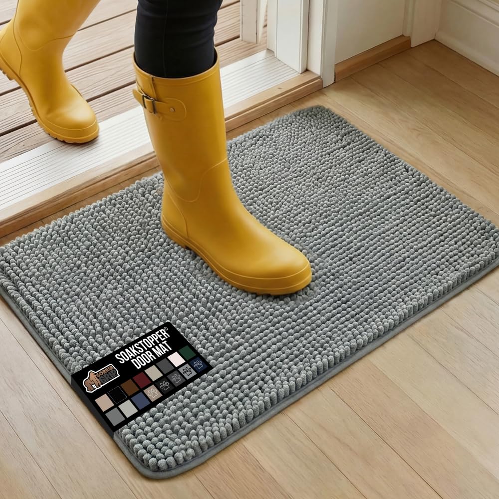 SoakSTOPPER Dog Door Mat, 30x20 Machine Washable Rug Absorbent Doormat Captures Moisture Mud Dirt, Quick Dry Soft Chenille Entryway Rugs Indoor Entrance Mats for Dog Paws, Grey