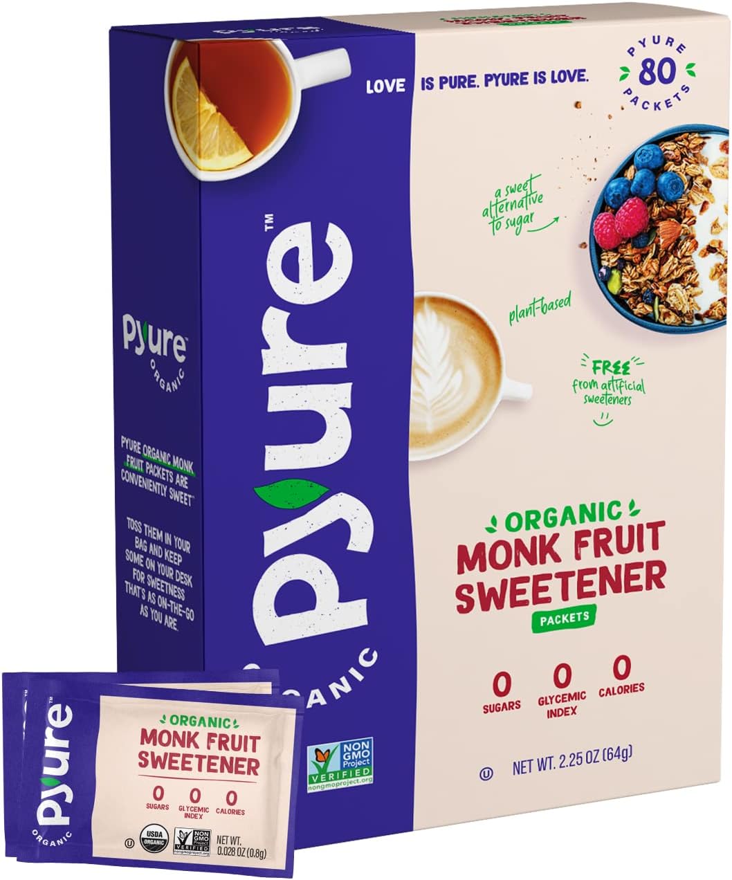 Organic Monk Fruit Sweetener Packets | White Sugar Substitute for Baking, Coffee & Tea | Zero Carb, Zero Calorie, Keto, Plant-Based, Non-GMO, Gluten-Free, USDA Organic | 80 Count