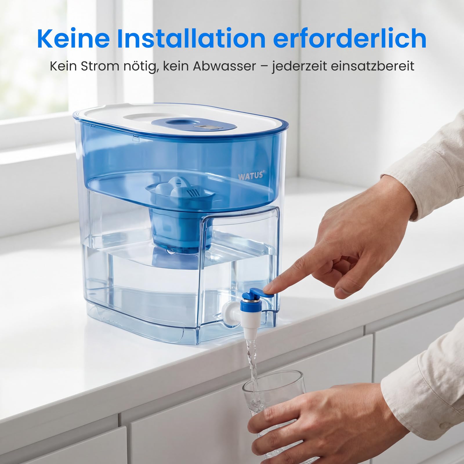 Wasserfilter Spender 9L, XXL Wasserspender mit Filter für Kühlschrank & Arbeitsplatte, Wasserfilterkanne mit Zapfhahn, inkl. 1 Filterkartusche, Filtert Verunreinigungen, Filterwechselanzeige