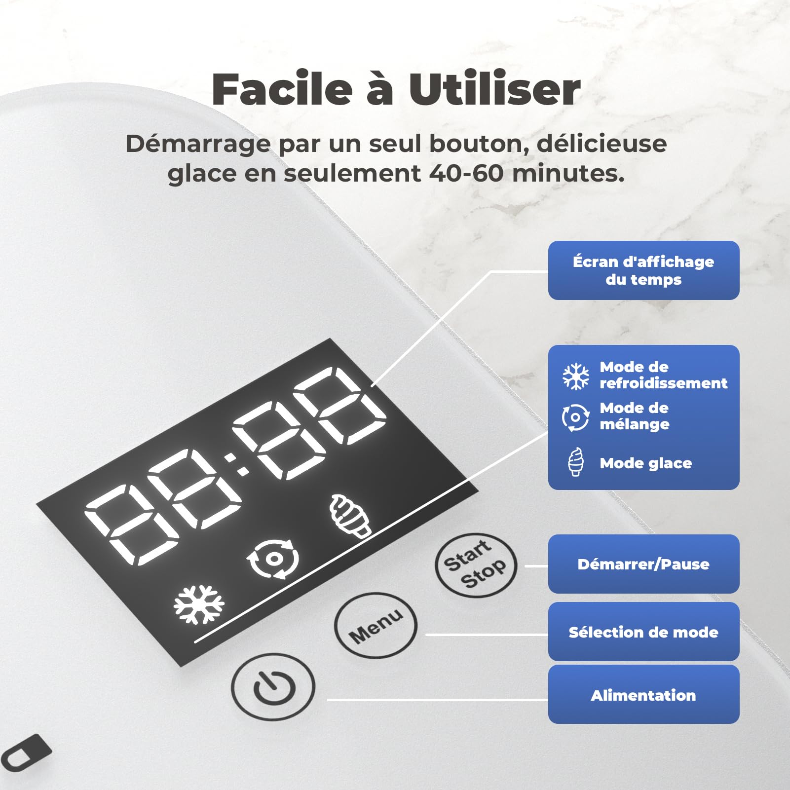 Sorbetière Electrique avec Compresseur, Auto-refroidissan Machine a Glace, Turbine à Glace 1L, avec Gradué/Spatule, pour Fait de Crème Glacée/Gelato
