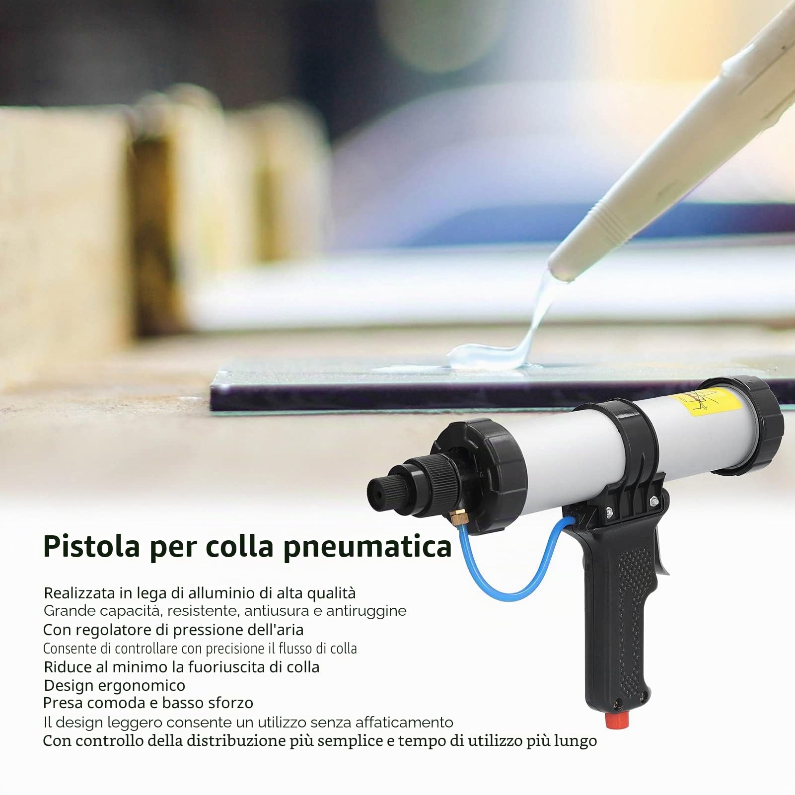 Pistola pneumatica per silicone, pistola per silicone professionale cordless da 310 ml con regolatore del flusso d'aria, pistola pneumatica per silicone pesante in lega di alluminio leggera