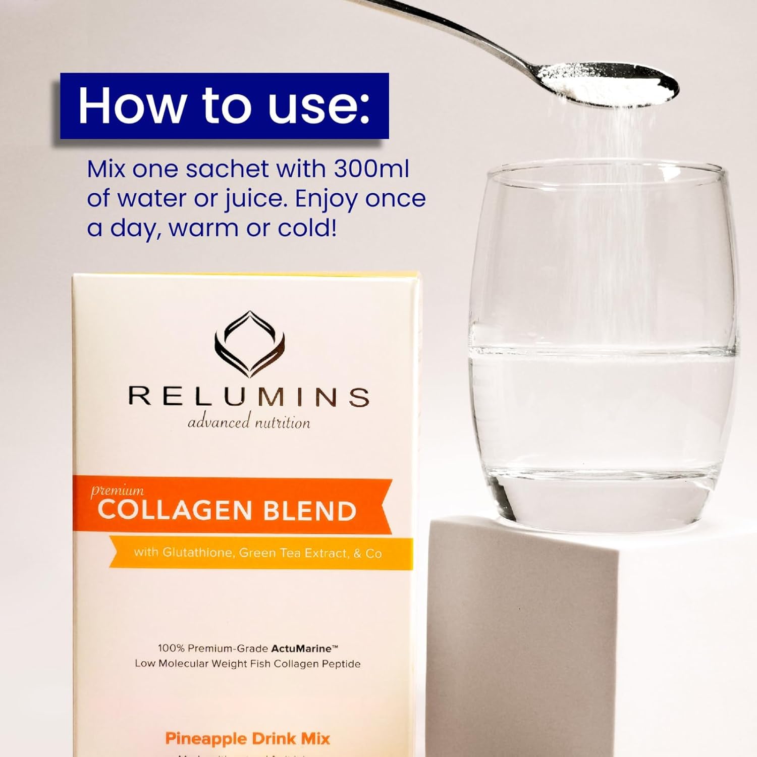 Relumins Marine Collagen Powder Drink Mix - Collagen Peptide with Glutathione, Green Tea, CoQ10, & Hyaluronic Acid Boosts Glowing Skin - 100 Powder Sachets x Pineapple Flavored + 10 Free Sachets