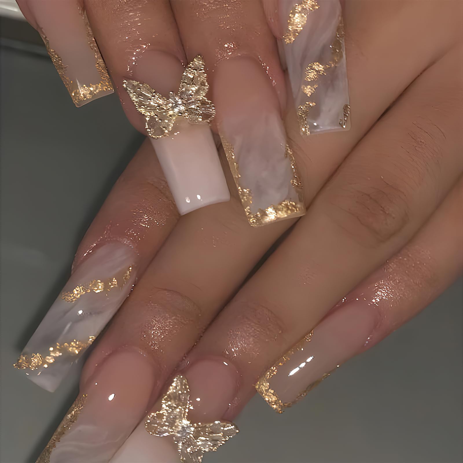 ROFIBUT Gold Glitter Press on Nails Long Square Fake Nails Glossy Ombre Acrylic False Nails with 3D Butterfly Designs Bling Gold Glitter Coffin Glue