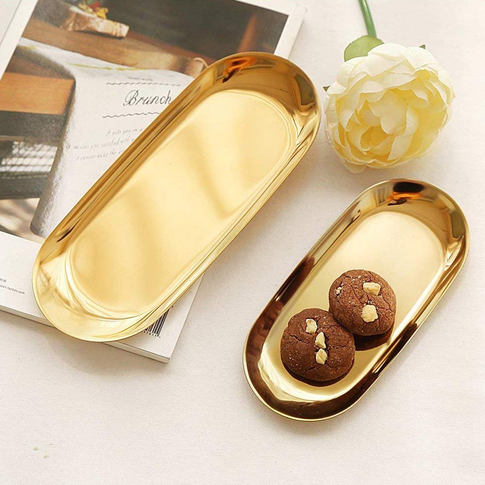 Wisboey 2 Sets Gold Oval Stainless Steel Trinket Tray,Towel Storage Dish Plate Tea Fruit Trays Cosmetics Jewelry Plate - Image 3