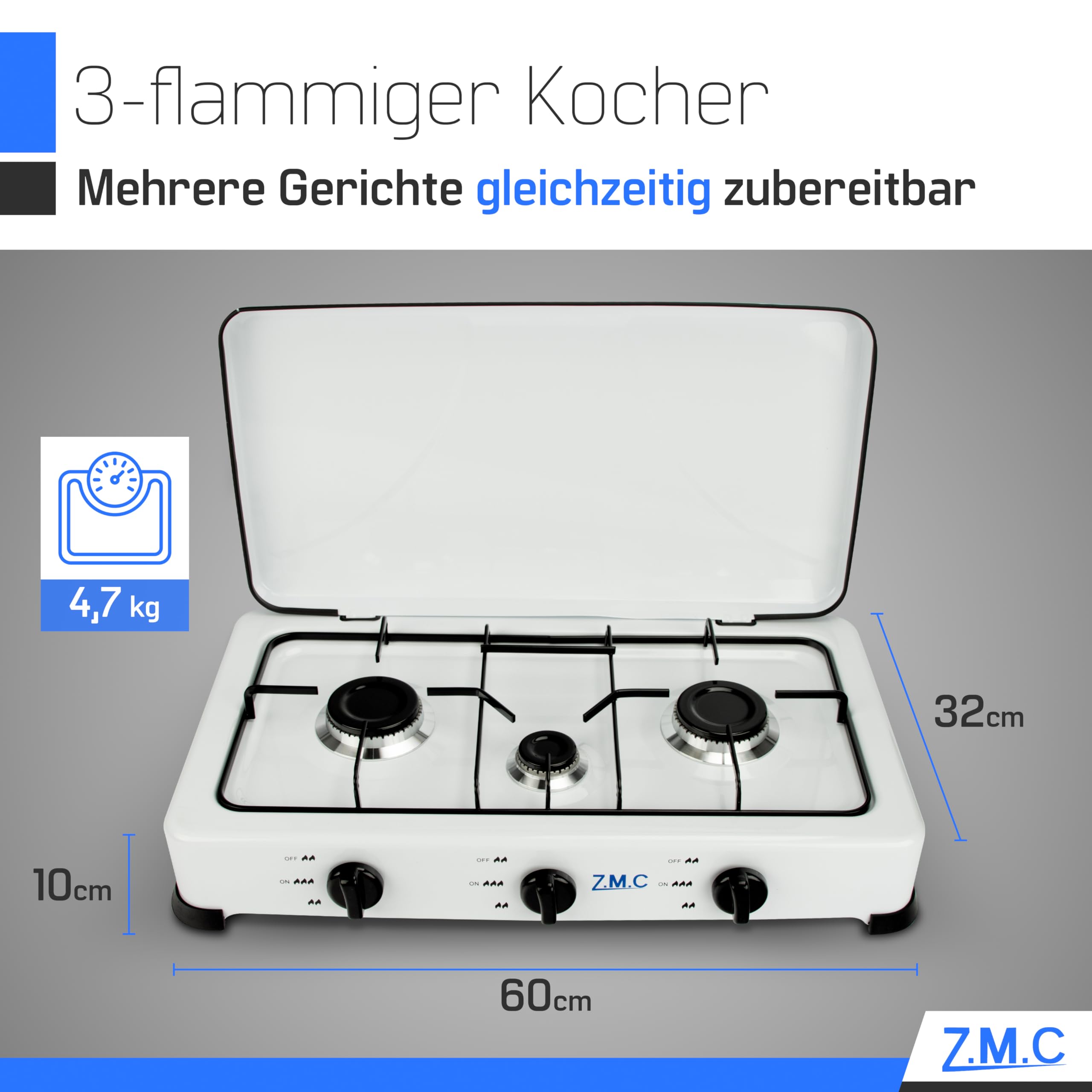 Z.M.C Kempingowa kuchenka gazowa z trzema palnikami, w zestawie wąż + regulator, gaz LPG, zoptymalizowany / dwa palniki każdy po 2,2 kW oraz palnik 1,0 kW, zużycie 393 g/h, 2 stopnie zużycia