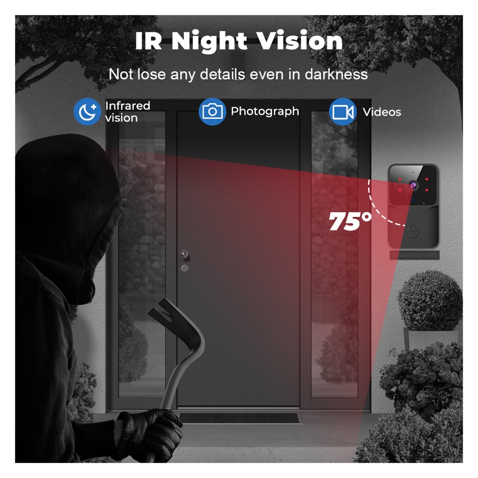 Sonnette Vidéo Intelligente WiFi Maison Intelligente sans Fil Téléphone Sonnette Caméra Sécurité Interphone Vidéo HD IR Vision Nocturne for Appartement(Color:ML1T-B)
