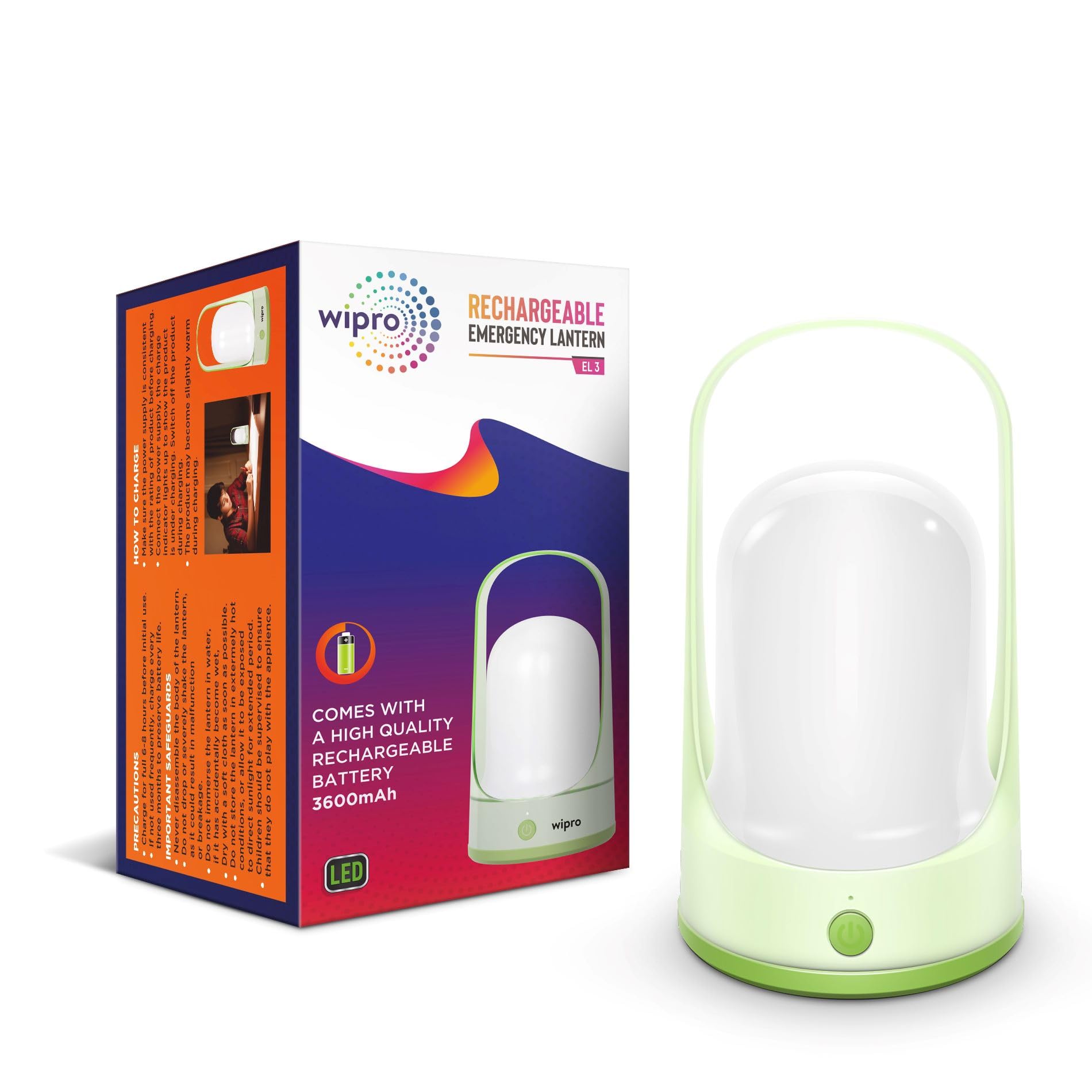 Wipro EL3 Rechargable Emergency Lantern with 3 Step Dimming | 360 Degree Light | Pack of 1 | 3600 mAh Battery | Upto 8 Hours Back Up | Type-C Charging | High Quality Diffuser | Transparent Top Holder