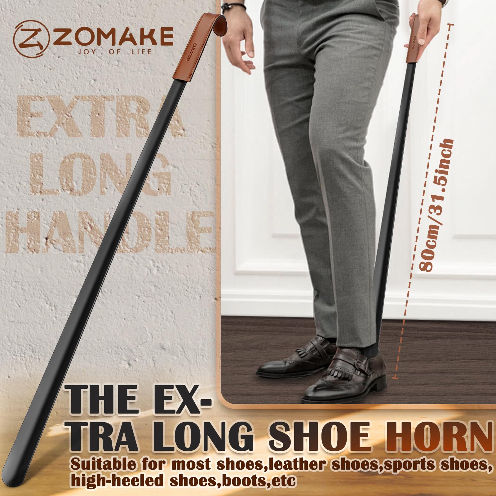 ZOMAKE Calzador Extra Largo 72cm/80cm Acero Inoxidable con Gancho para Personas Mayores
