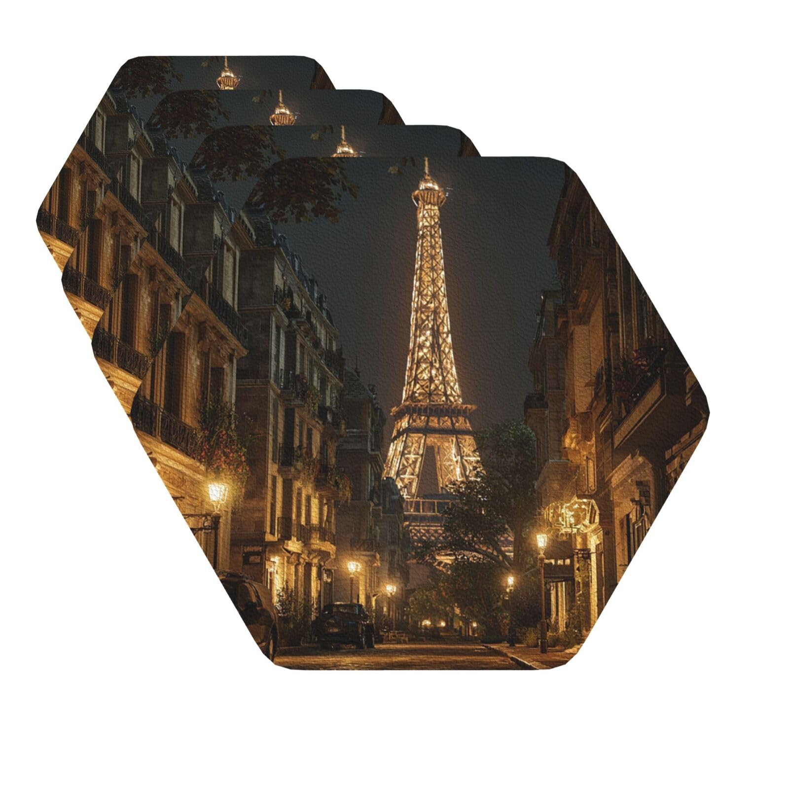 Drink Coasters Set of 4 Quick-Dry Leather Coaster Night Paris Eiffel Tower Coasters for Drinks Coffee Cup Mat Tabletop Protection Heat Resistant Coaster for Kitchen Bar Office Home Decor