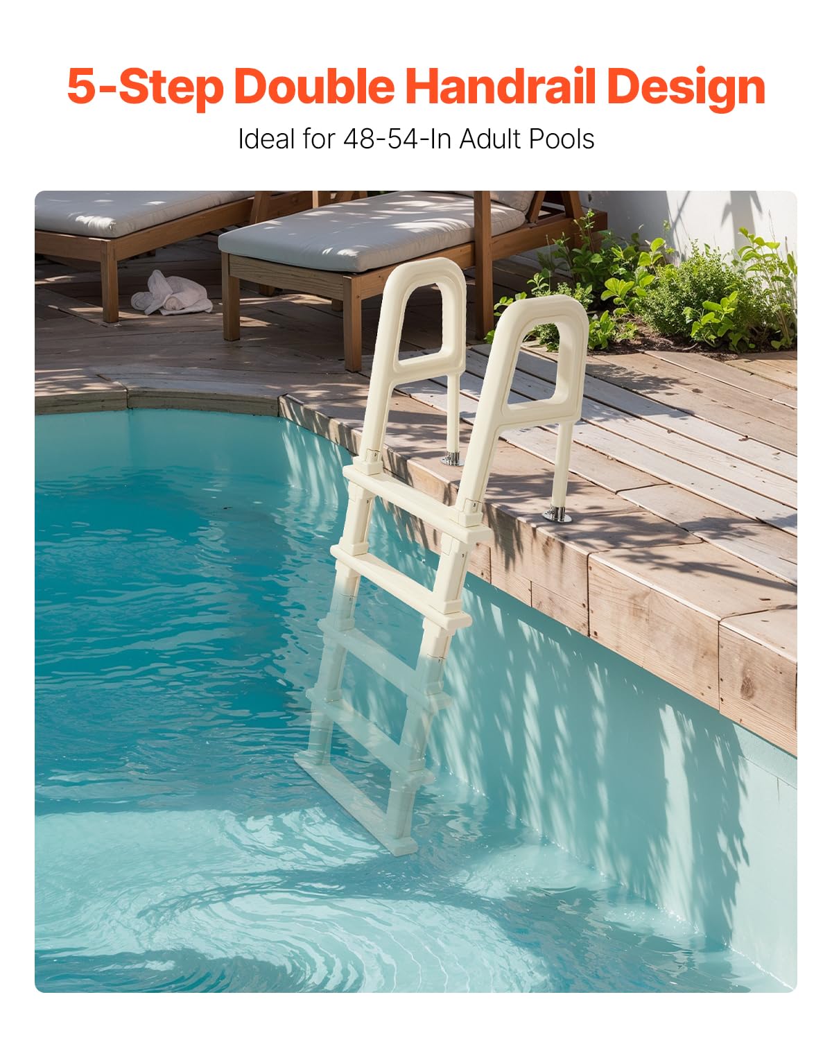 VEVOR Échelle de Piscine Inclinée en Plastique avec 2 Rampes, 5 Marches Antidérapantes, Capacité de Charge 136 kg, pour Piscines Creusées de 122-137 cm, Terrasse, Jardin, Maison, Intérieur, Extérieur