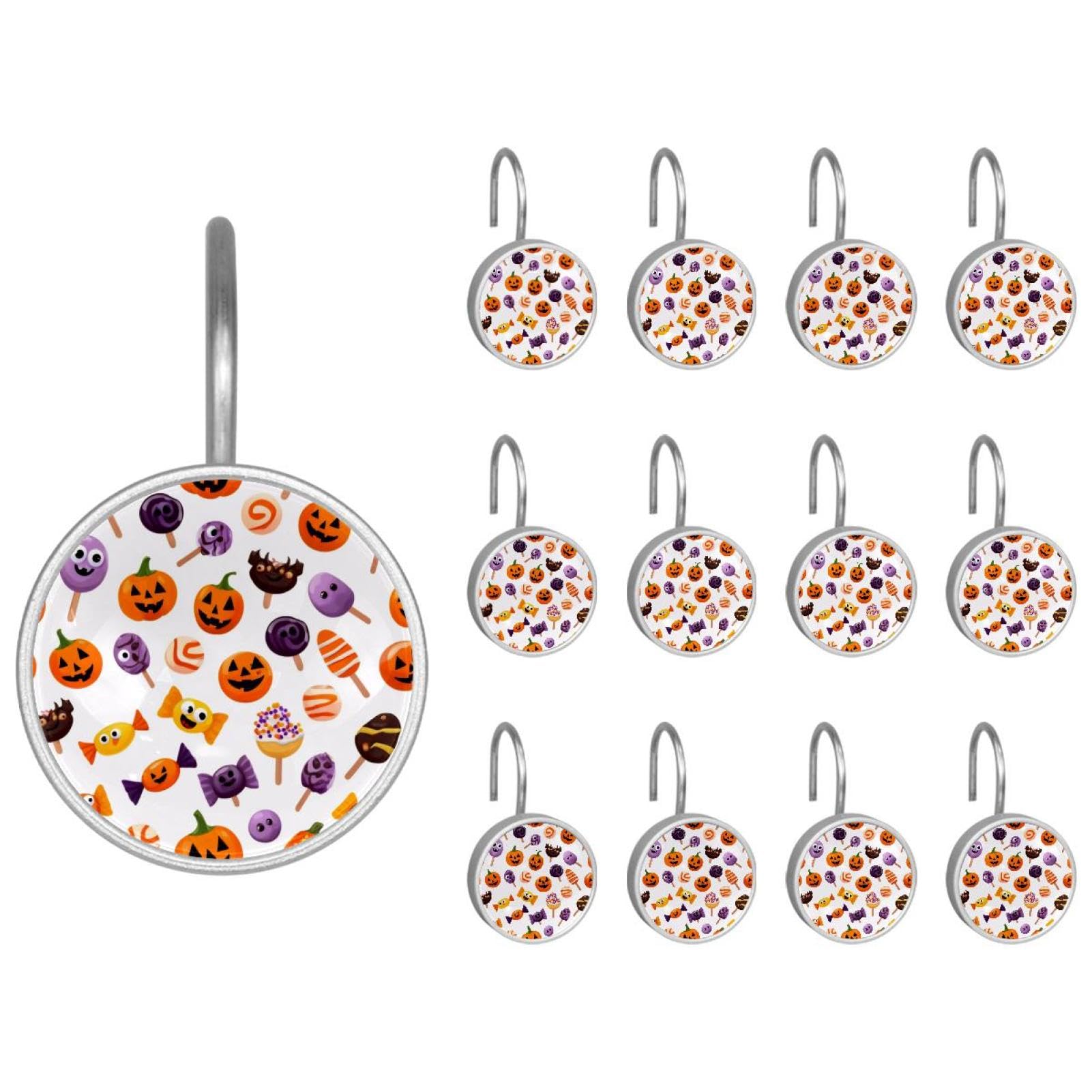 12pcs Glass Shower Curtain Hooks, Rust Resistant Decorative Shower Rings for Bathroom Living Room,Stainless Steel Hooks for Shower Curtain and Liner Rods (Halloween Candy Pumpkin)