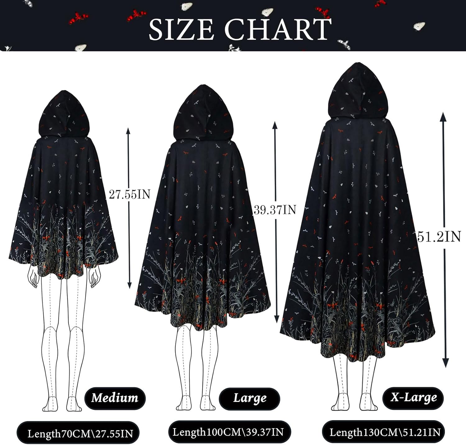 Hooded Cloak Velvet Cape Medieval Cloak with Hood Flowers and Plants Halloween Cosply Black Cape with Hood - Image 4
