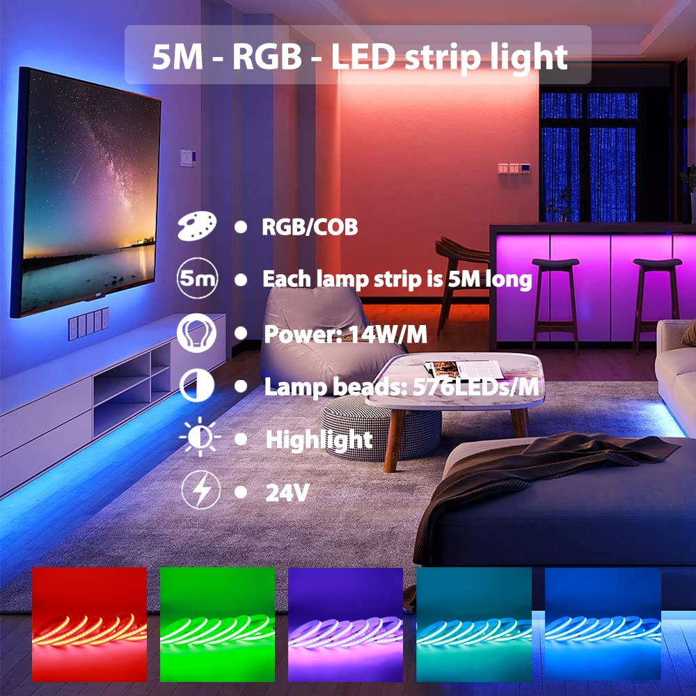 Striscia LED COB RGB WIFI set 5m 24V COB dimmerabile, Strisce LED COB con controller e alimentatore, 576LED/m IP20, controllabile tramite APP per la decorazione di interni di cucina camera da letto