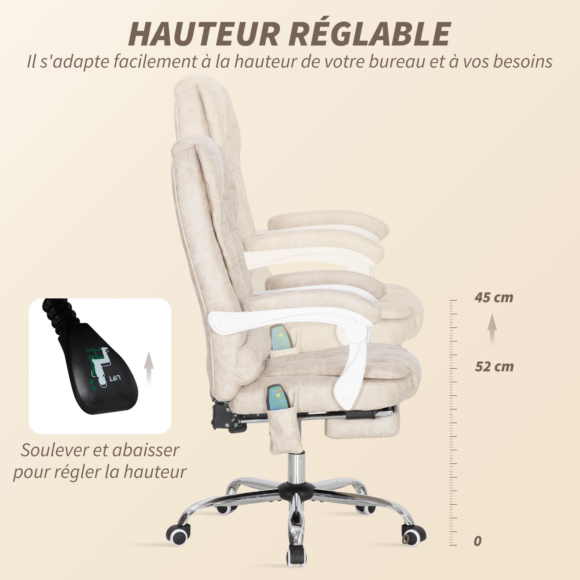 Vinsetto Poltrona da ufficio massaggiante e riscaldante, sedia da ufficio ergonomica con altezza regolabile, schienale reclinabile, poggiapiedi, telecomando cablato, girevole a 360°, tessuto in