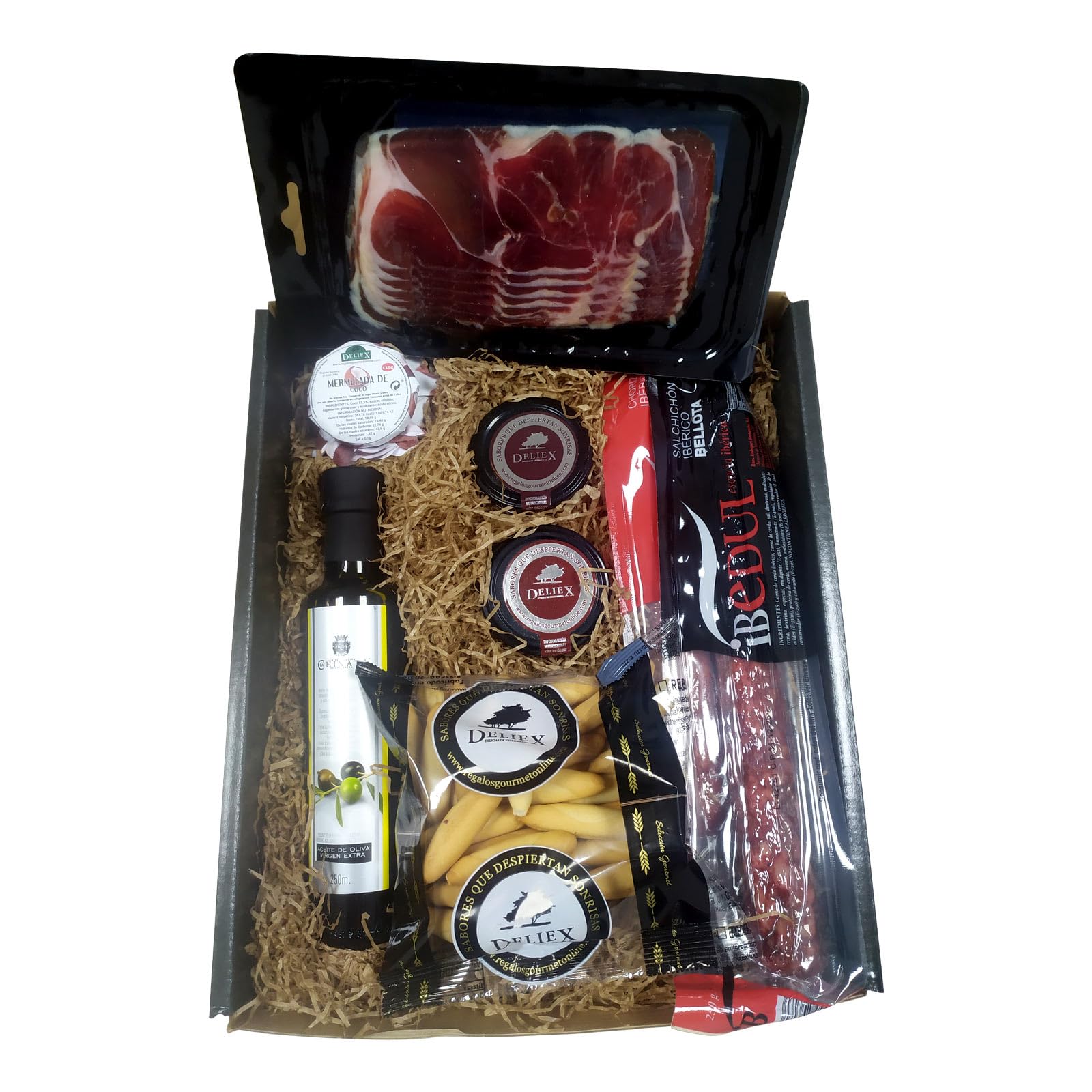 Deliex. Cesta gourmet regalo con aceite La Chinata, jamón, lote de ibéricos, patés, picos ...​Regalos originales para hombres y mujeres. (Cesta sin queso)