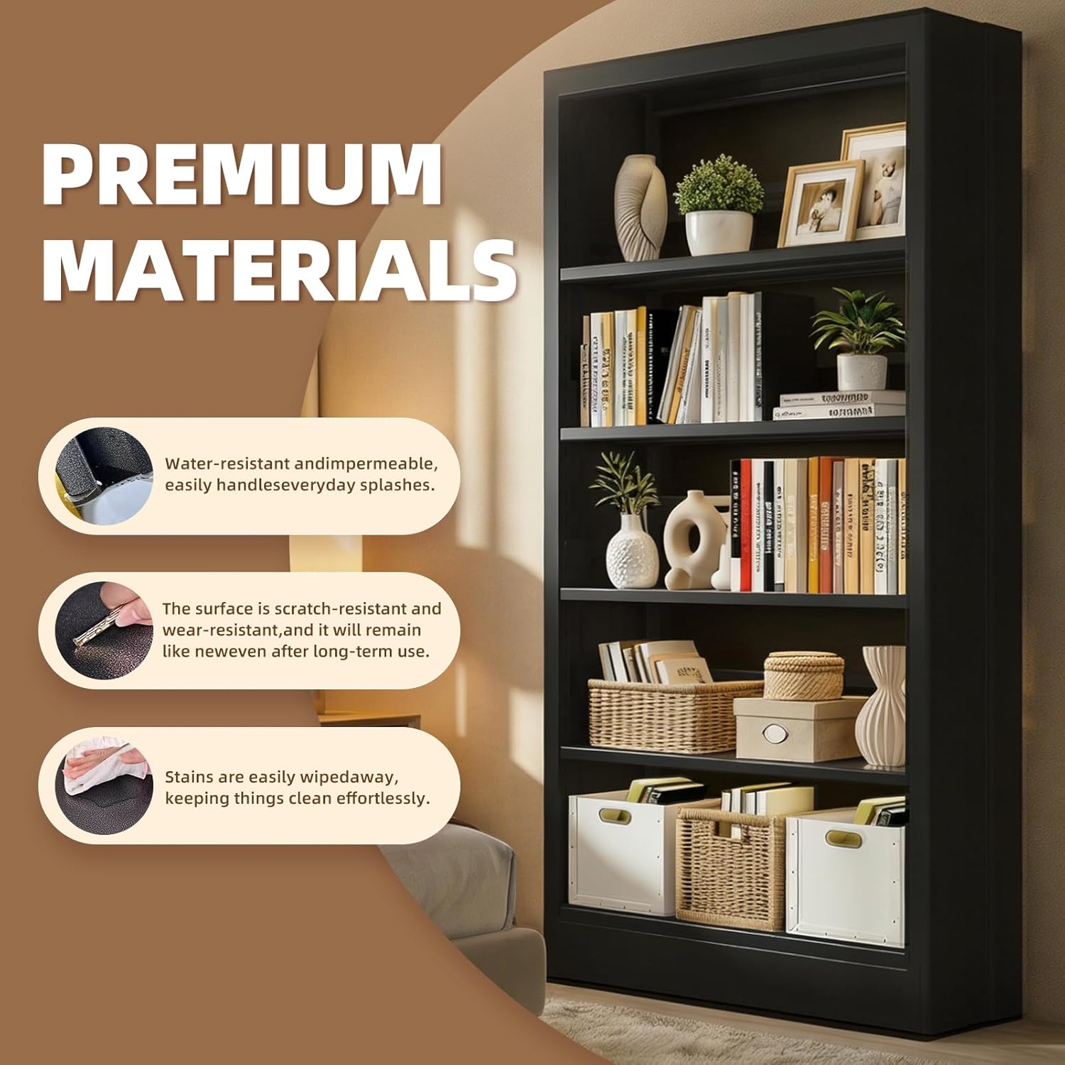 Bookshelf, 5-Tier Adjustable Steel Book Shelf, 71''Tall Bookcase, Metal Bookshelf, Heavy Duty Bookcase with Book Stopper, Modern Book Cases for Living Room, Home, Office