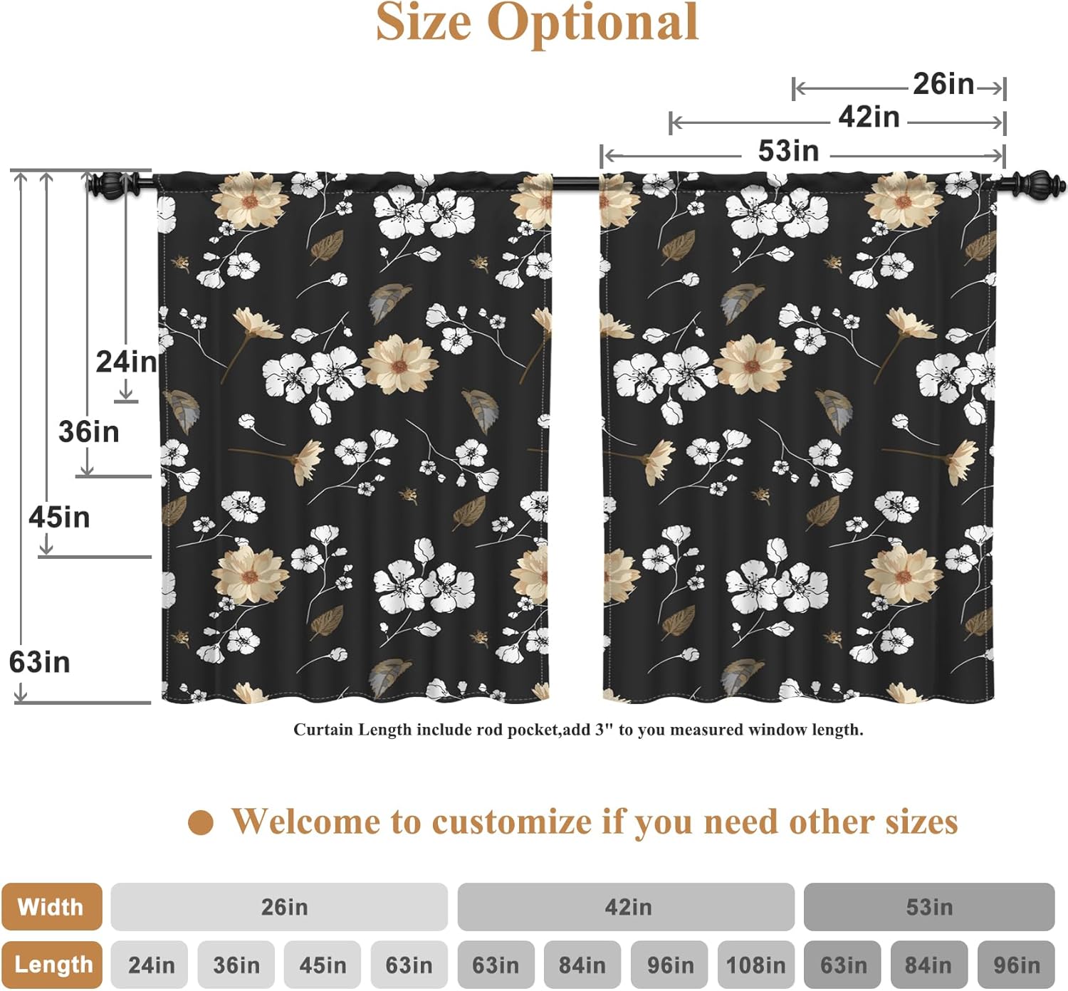 Renaiss 26 x 45 Inch Floral Blackout Curtains Rustic Vintage Flowers Botanical Leaf Print Black Out Curtains Rod Pocket Thermal Insulated Darkening Window Drapes for Bedroom Living Room 2 Panels