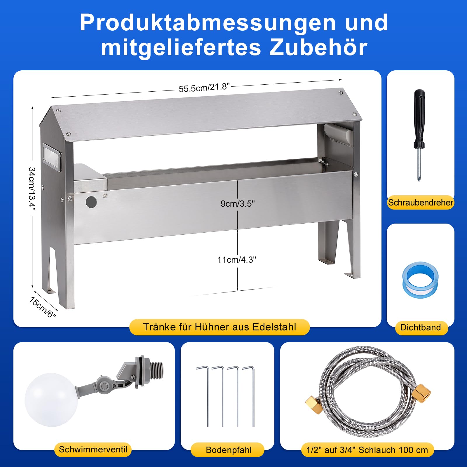 7L Hühnertränke Edelstahl,Schwimmer Geflügeltränke,Tränke Geflügel mit 1/2 Zoll Schwimmerventil für Hühner,Hühner Wasserspender,Wassertränke Hühner Edelstahl für Enten,Gänse,Tauben,Langlebig