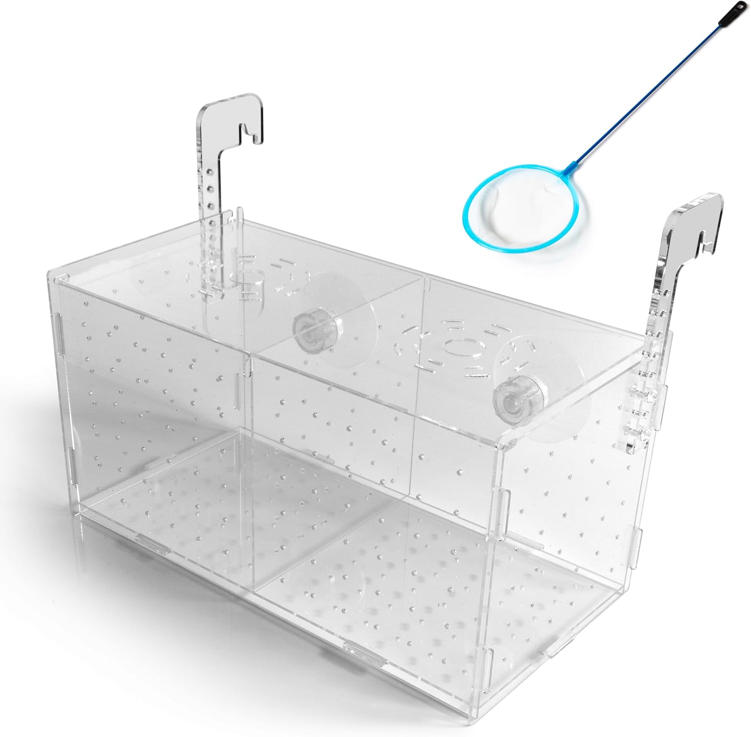Disco Radical Fish Breeding Box for Tank or Aquarium – Isolation Box and Fish Hatchery Container Kit – Adjustable, Acrylic – Complete with Small Fish Net