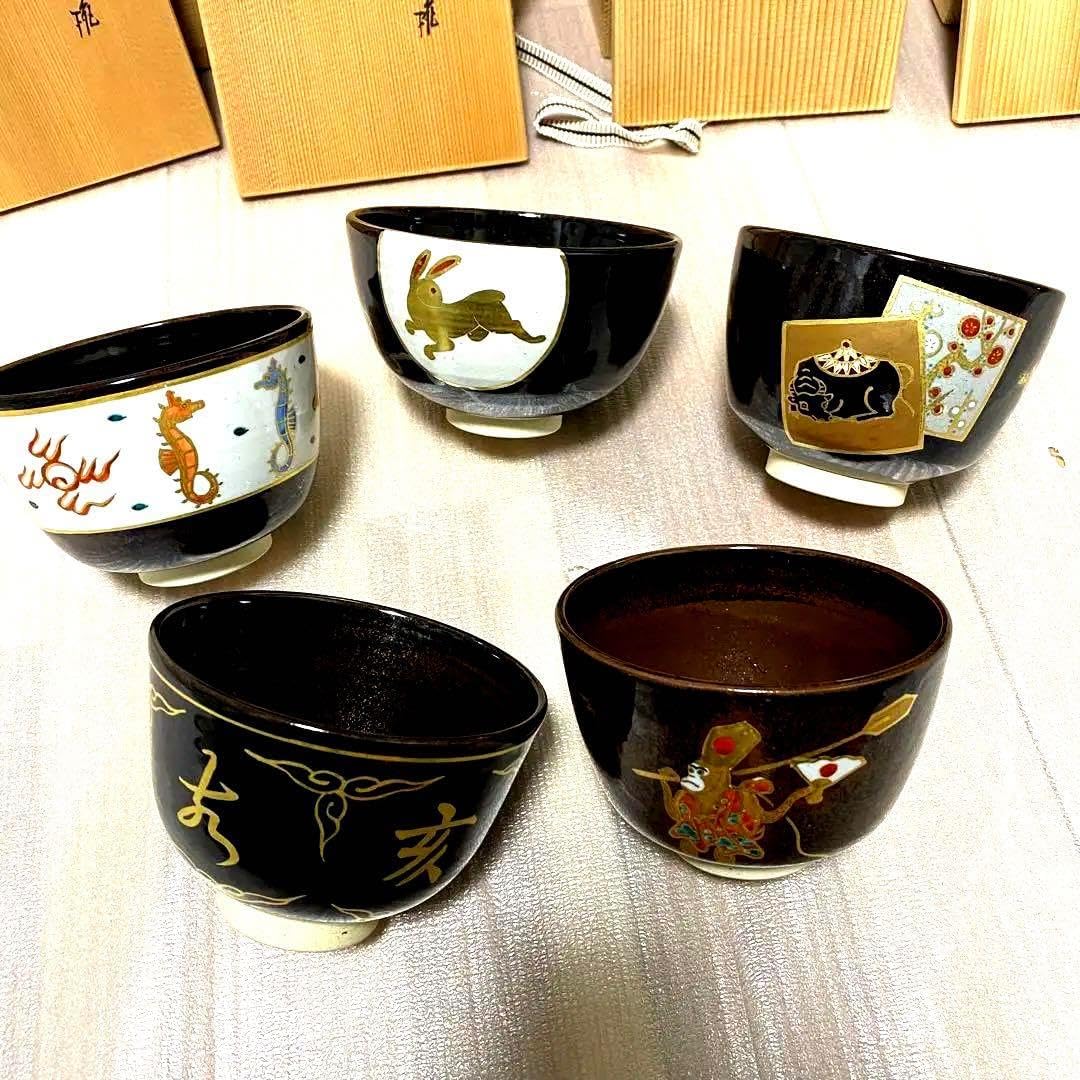 茶道具 膳所焼 淡海ぜぜ 陽炎園造 安南写 七賢人絵 茶碗 共