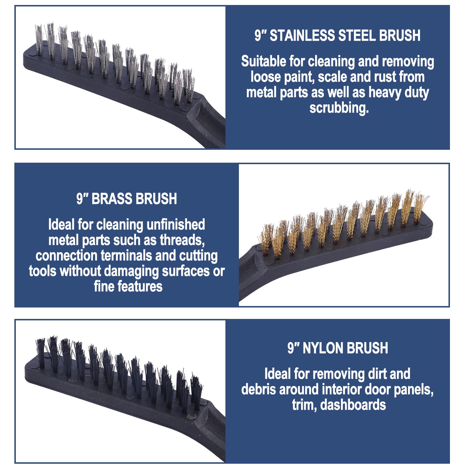 6 Piece Wire Brush Set, Steel, Brass & Nylon Brushes for Rust Dirt & Weld Slag Removal on Metal Surfaces - Image 3