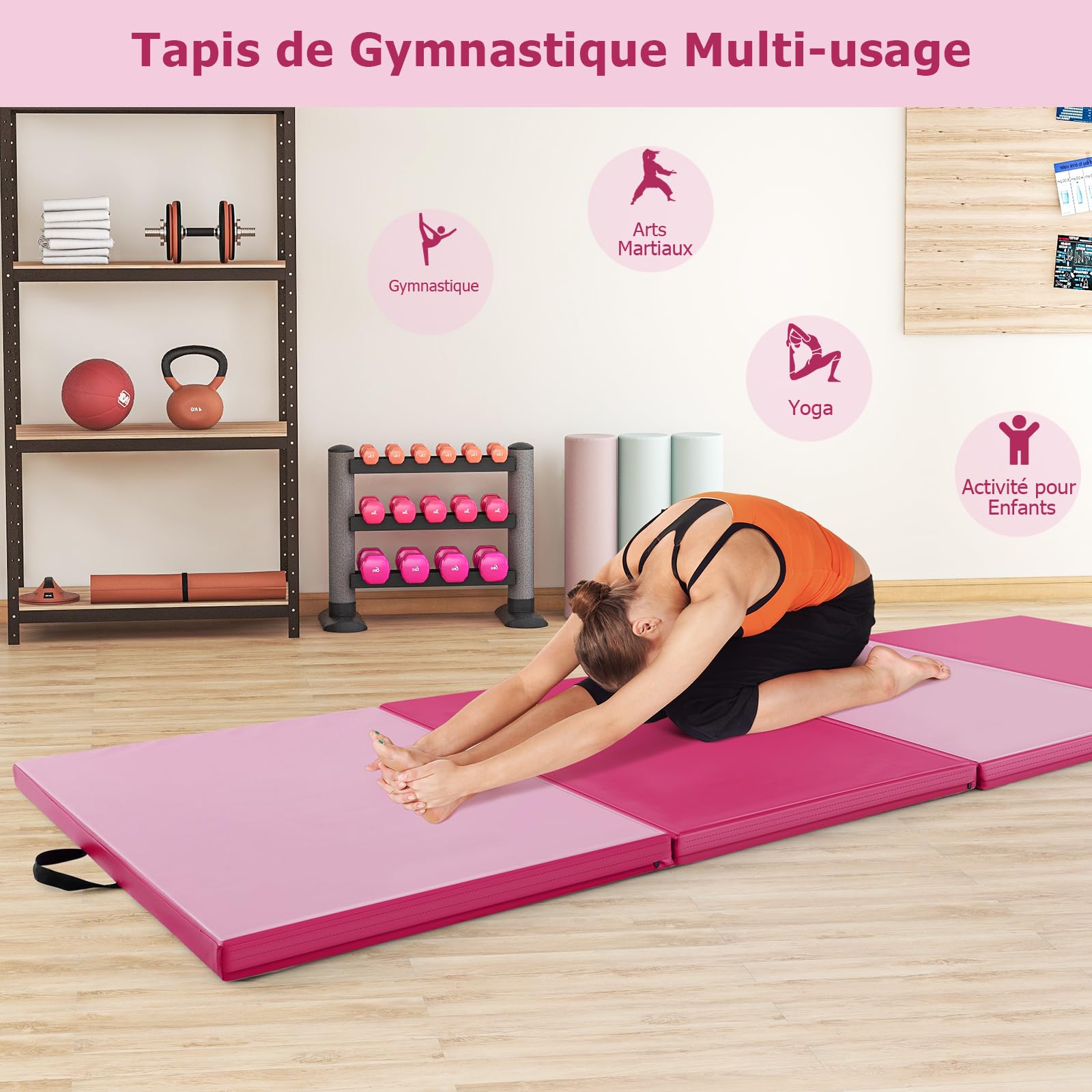 GOPLUS Tapis de Gym Pliable à 4 Plis, 300 x 117 x 5 CM, Tapis de Gymnastique en Cuir avec Fermeture à Boucle, Combinaisonable avec Crochet, Poignée de Transport, Tapis de Sport pour Fitness, Gym, Yoga