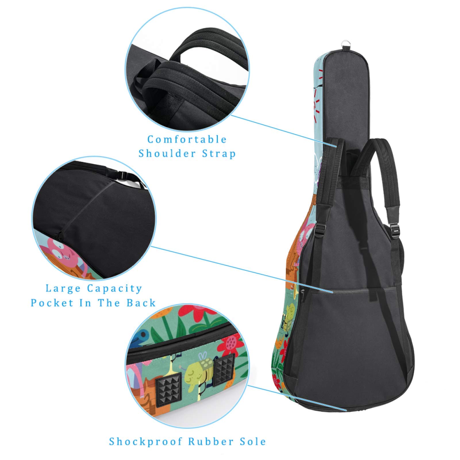 Borsa per chitarra impermeabile con cerniera morbida zaino per chitarra, basso acustico e classico folk chitarra elettrica folk foresta concerto musica carino animali cartoni animati