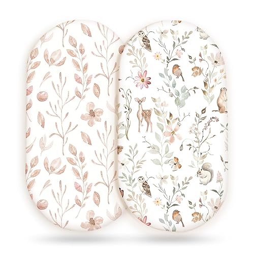 Juego de 2 sábanas elásticas ultra suaves para moisés, ajuste universal para moisés, cesta de moisés, colchón rectangular ovalado, seguro y cómodo,