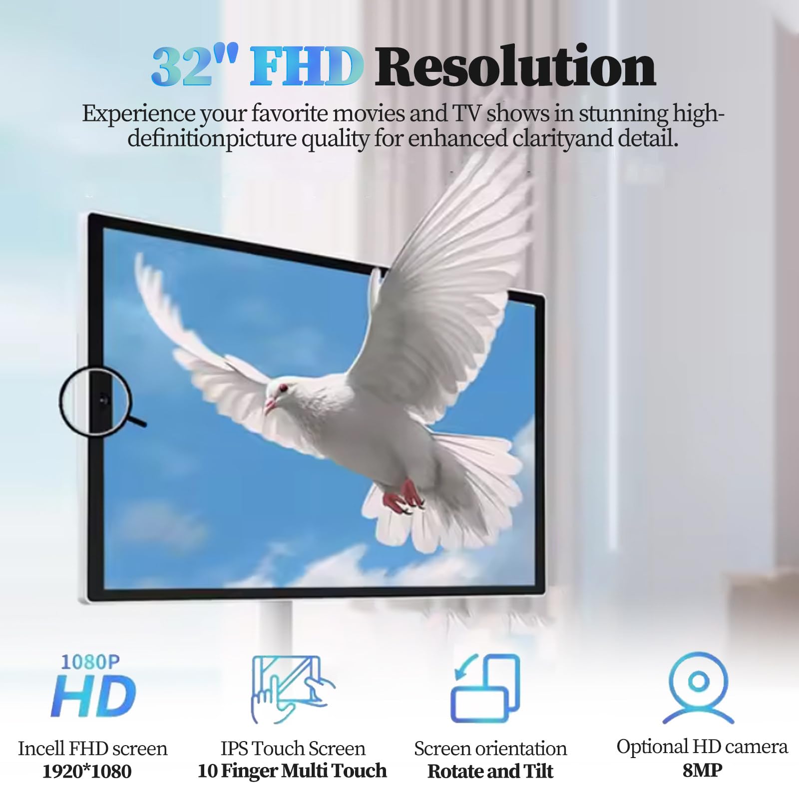 Téléviseur Portable 32 Pouces - écran Tactile 1080p sur roulettes avec Caméra 8 Mpx, Stockage 8 Go + 128 Go, Batterie 10 000 Mah, Tablette TV Rotative avec Télécommande 32inch-6+64G