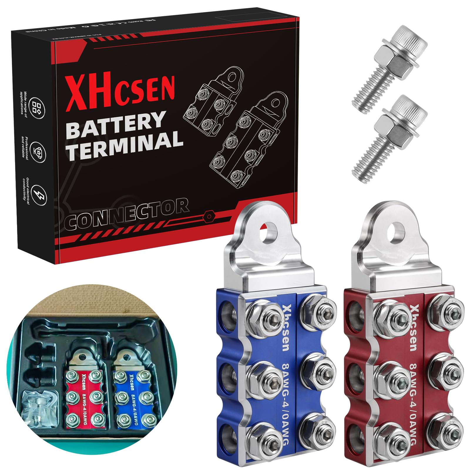 Photo 1 of Heavy-Duty 12-Way Battery Terminal Connectors, 8AWG to 4/0 AWG Universal for Copper/Aluminium Wires, M8/5/16”-18 Threaded Stud & Bolt Down Ends, Polished Finish for Automotive/Workshop/Laboratory