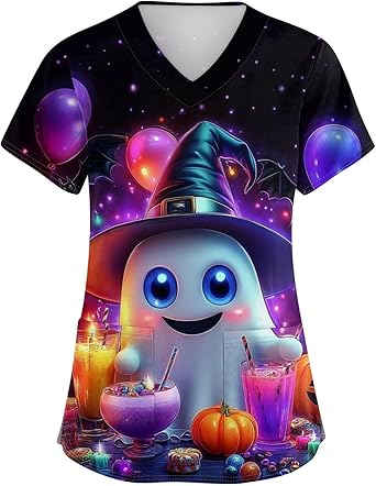 OIOLOYJM Halloween Christmas Scrub Tops Women Printed V Neck Short Sleeve Plus Size Scrubs for Womens Shirts with Pockets
