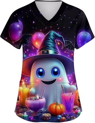 OIOLOYJM Halloween Christmas Scrub Tops Women Printed V Neck Short Sleeve Plus Size Scrubs for Womens Shirts with Pockets