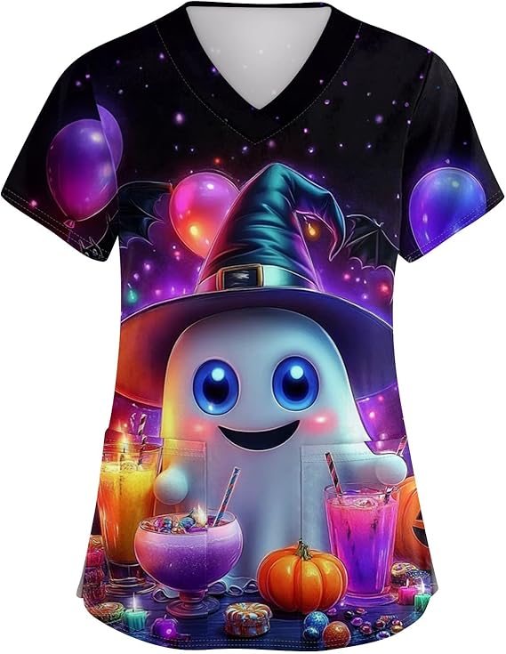OIOLOYJM Halloween Christmas Scrub Tops Women Printed V Neck Short Sleeve Plus Size Scrubs for Womens Shirts with Pockets