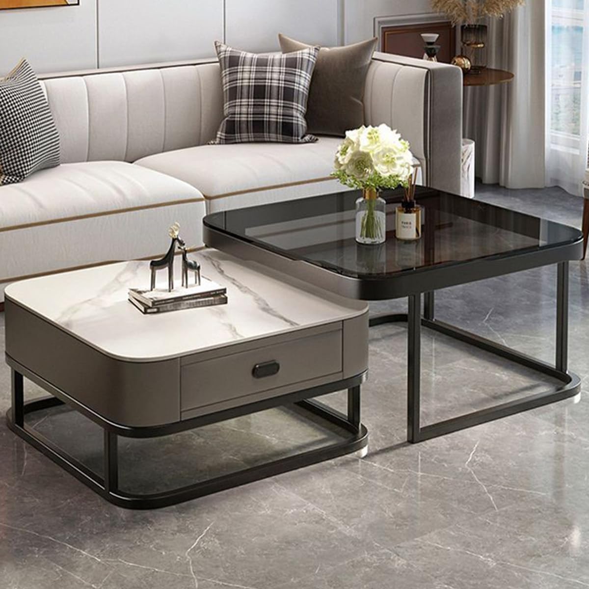 Zestaw 2 stołów do kawy Marble Nesting - Modern Square Glass End Tables