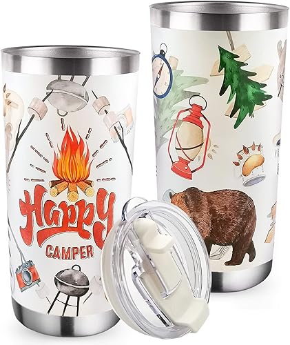 Miniatura 1 de Zzkol Happy Camper - Vaso con tapa y pajilla accesorios de campamento taza de café de viaje de acero inoxidable divertido regalo para campistas