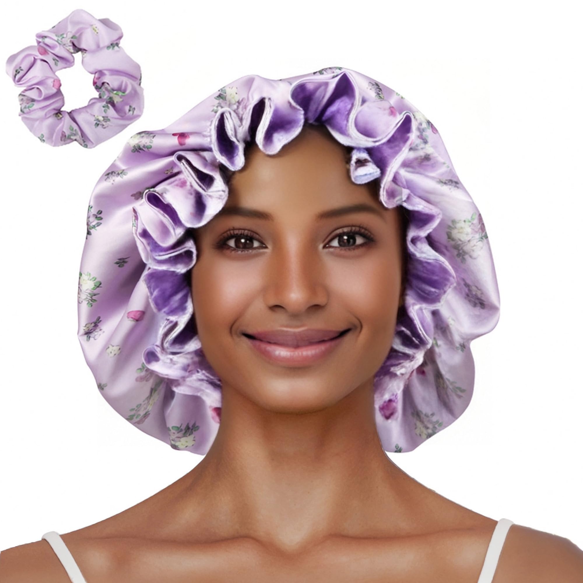 Amazon.com: Vettres Floral Satin Bonnet with Scrunchie Set,Double