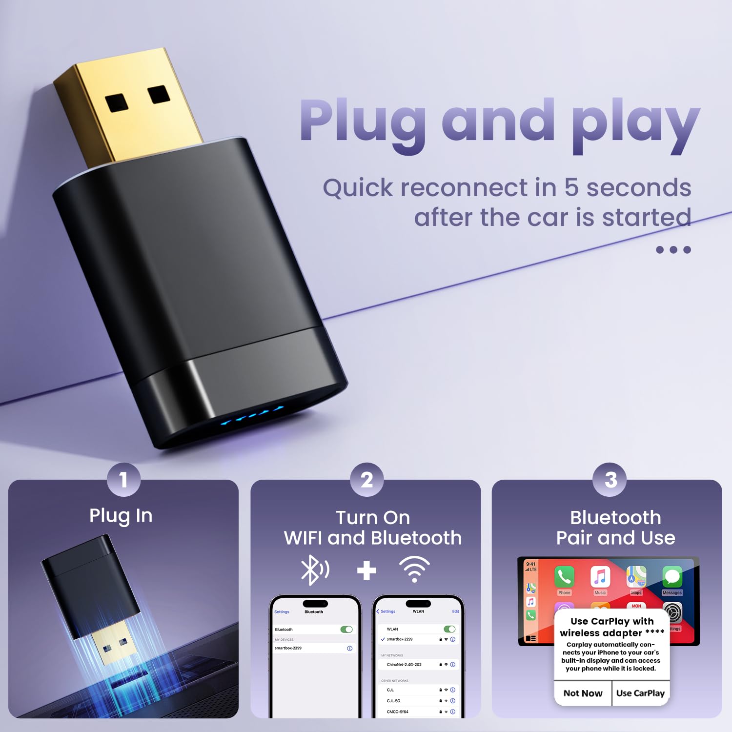 Mini Wireless CarPlay Adapter for Apple & Android Auto, Easy to Use Bluetooth Dongle with Fast Stable Connection, Converts Wired to Wireless Car Play Adapter, for Cars from 2016 with USB-A/C - 4