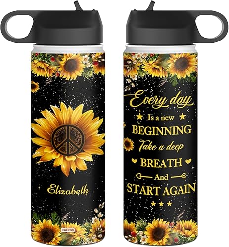 wowcugi Regalos inspiradores para mujeres, botella de agua personalizada Everyday Is A New Beginning, regalos de girasol para niñas, mejores amigas,