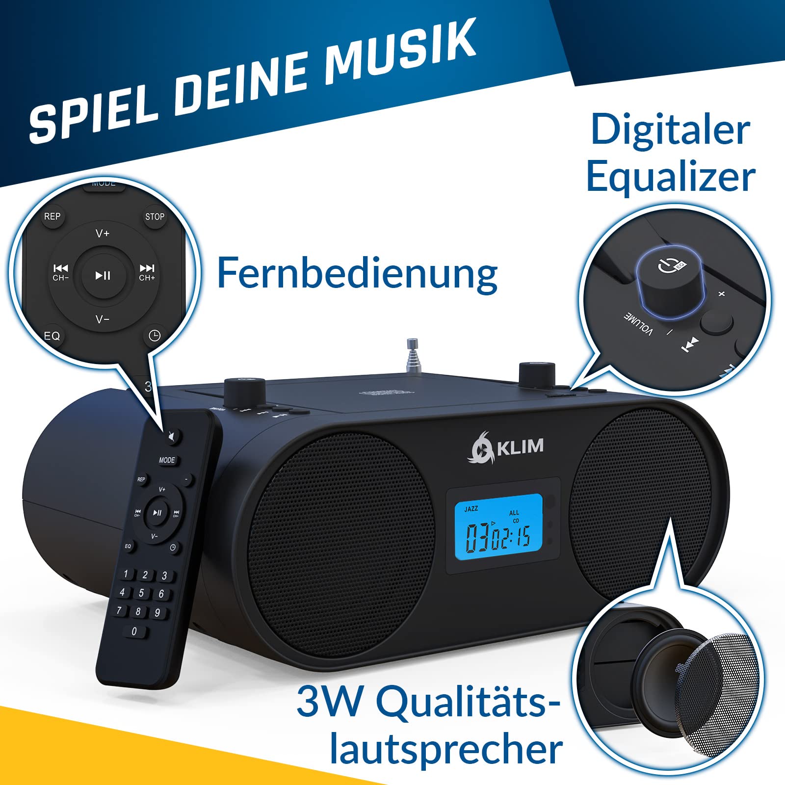KLIM Boombox B4 Radio mit CD Player + AM/FM Radio, MP3, Bluetooth, AUX, USB tragbar mit kabellosem Modus und aufladbaren Akku + Mit Fernbedienung, Autosleep, Digital EQ