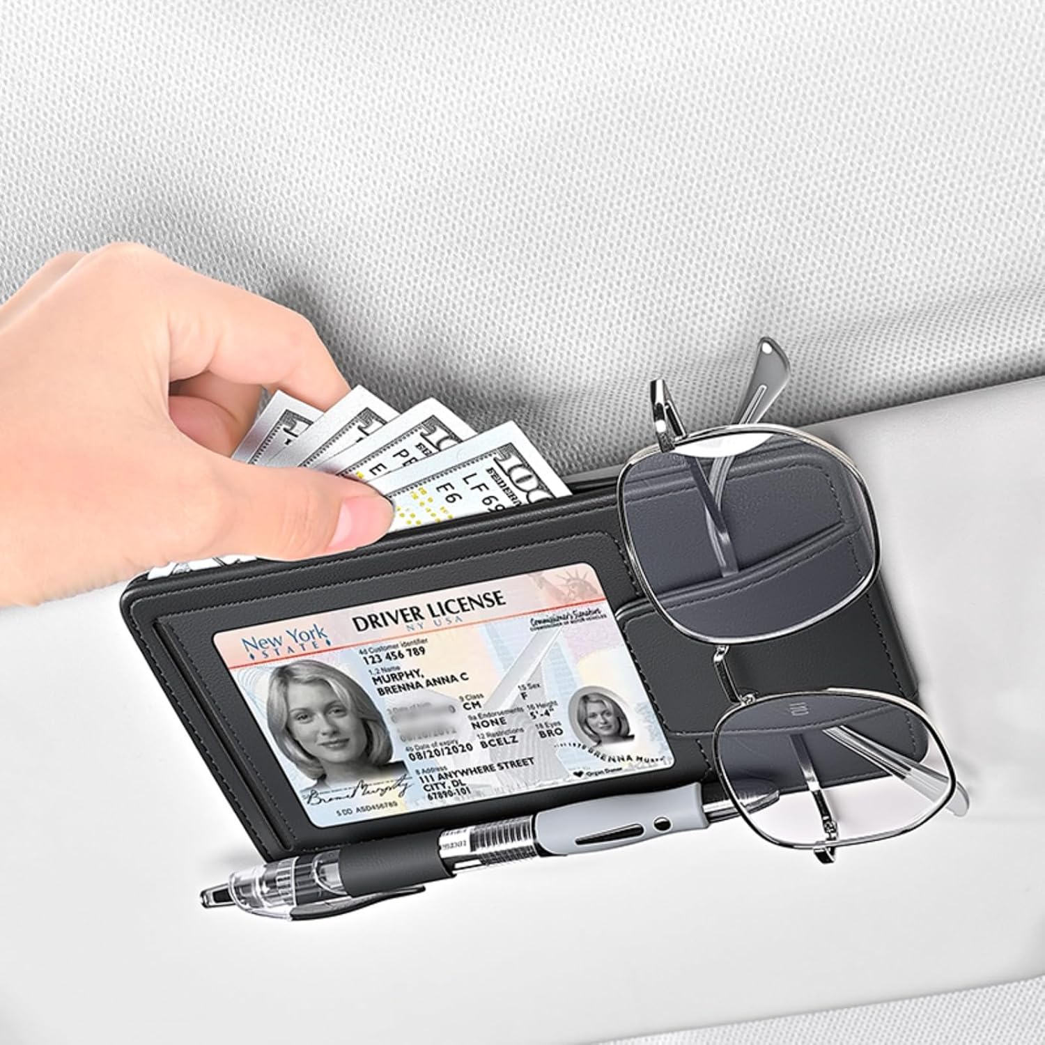 car Picture Holder Photo Framed Registration and Insurance Pen License Sunglass Holder Card Slot Storage auto Trucks Van SUV Visor Organizer Accessories (Black)