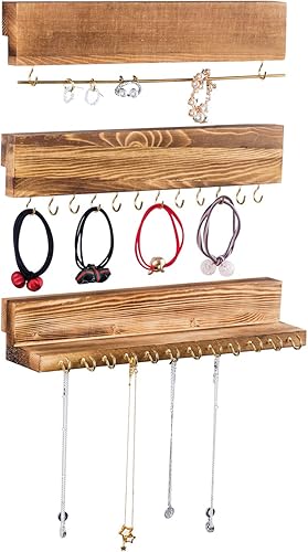 Miniatura 6 de Y&ME YM Juego de 3 organizadores de joyas colgantes para colgar en la pared, soporte de madera para collar con barra de pulsera extraíble y 40