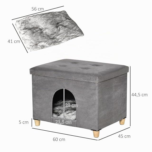 Foto 7 de 8 de PawHut Cueva para Gatos 2 en 1 Taburete Reposapiés 60x45x44,5 cm Gris