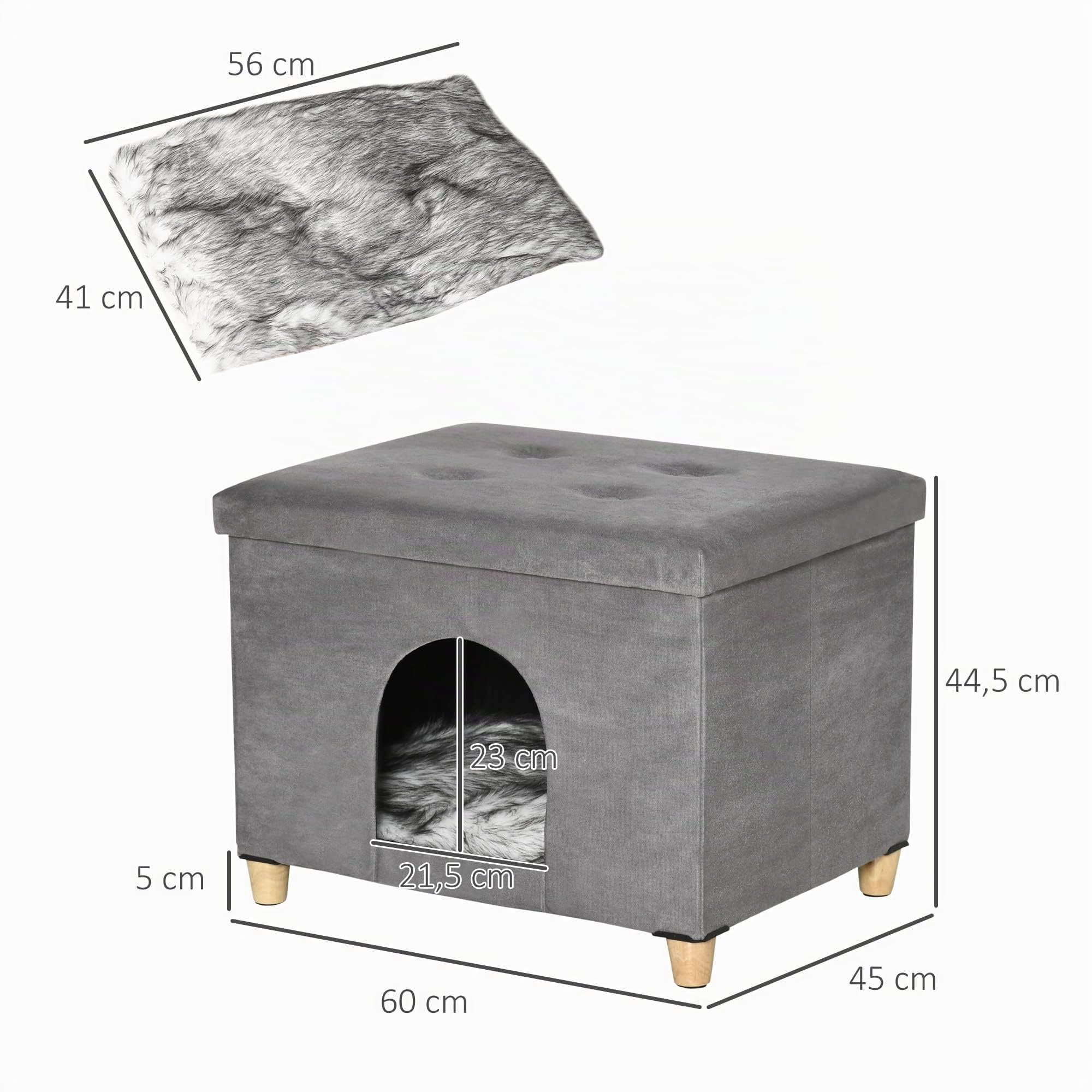 PawHut Hocker mit Katzenhöhle 2-IN-1 mit Kissen Grau 60 x 45 x 44,5 cm