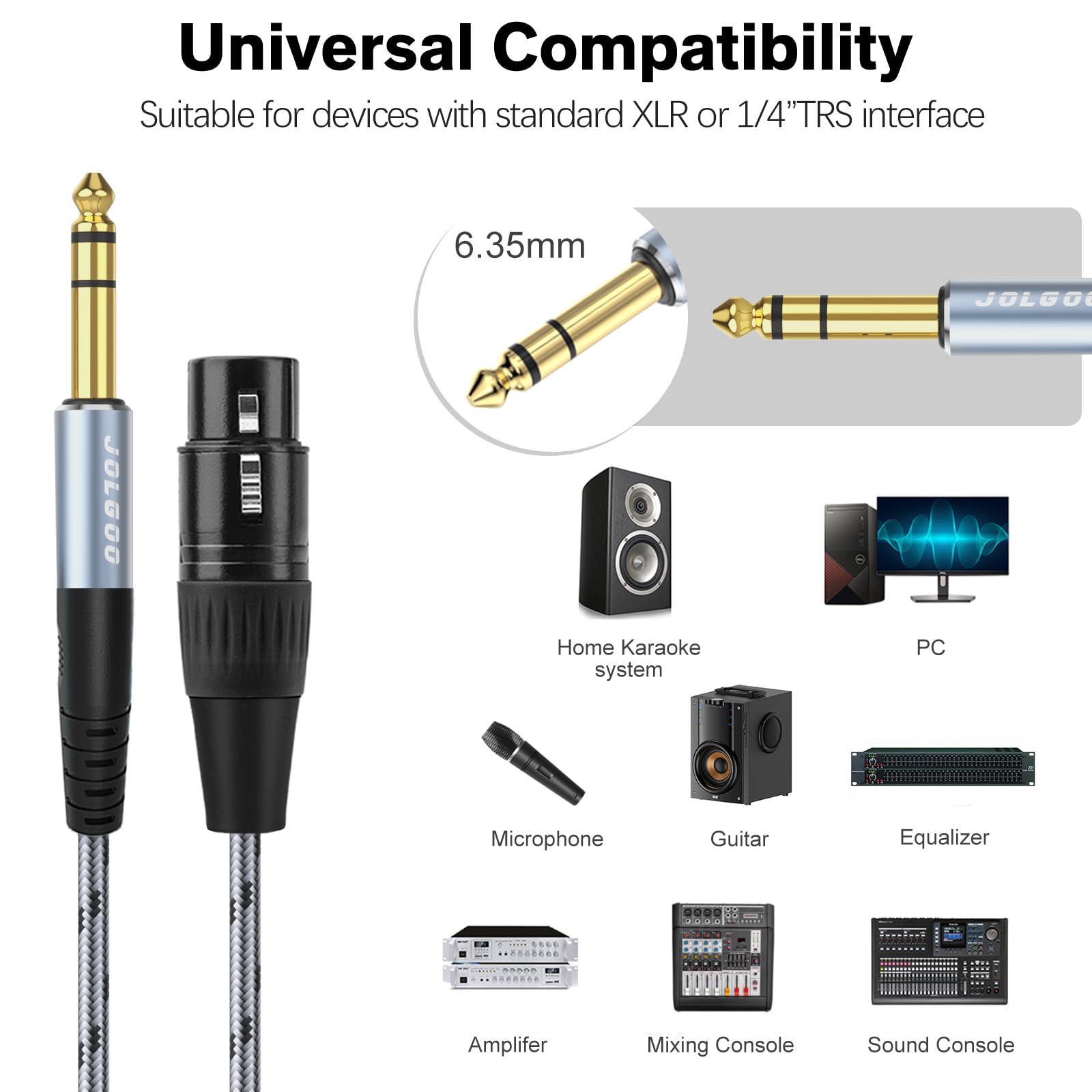 JOLGOO XLR to 1/4 TRS Stereo Adapter, 6.35mm Dual Channel, 3-pin XLR Female, Balanced Microphone Audio Converter Cable 2 Pack (1ft)