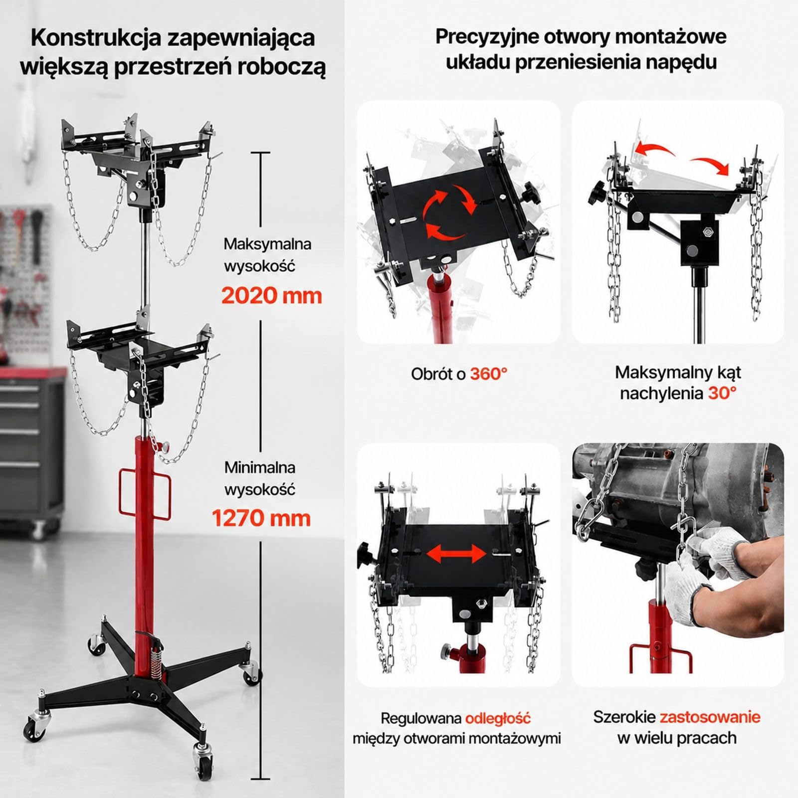 Hydrauliczny podnośnik skrzyni biegów, udźwig 500 kg, pedał nożny, koła obrotowe 360 stopni, rama X, czerwono czarny, do garażu warsztatu