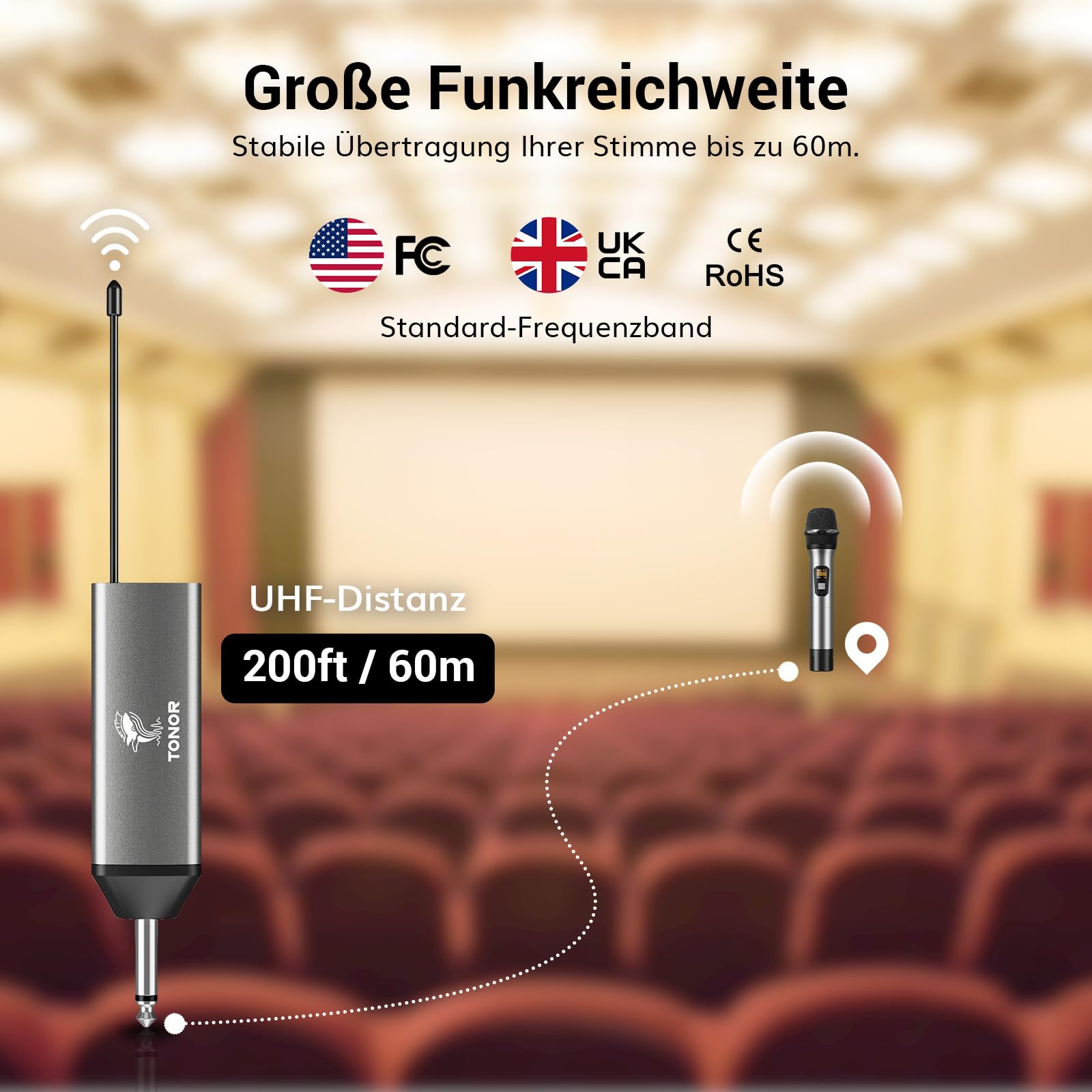 TONOR Wireless Microphone Kabellos, Drahtloses UHF Mikrofon Set für Karaoke 60 m Reichweite, Kabelloses Funk Handmikrofon Dynamisch mit 6,35 Klinke Anschluss für Partybox, DJ, Kirche,TW620, Grau