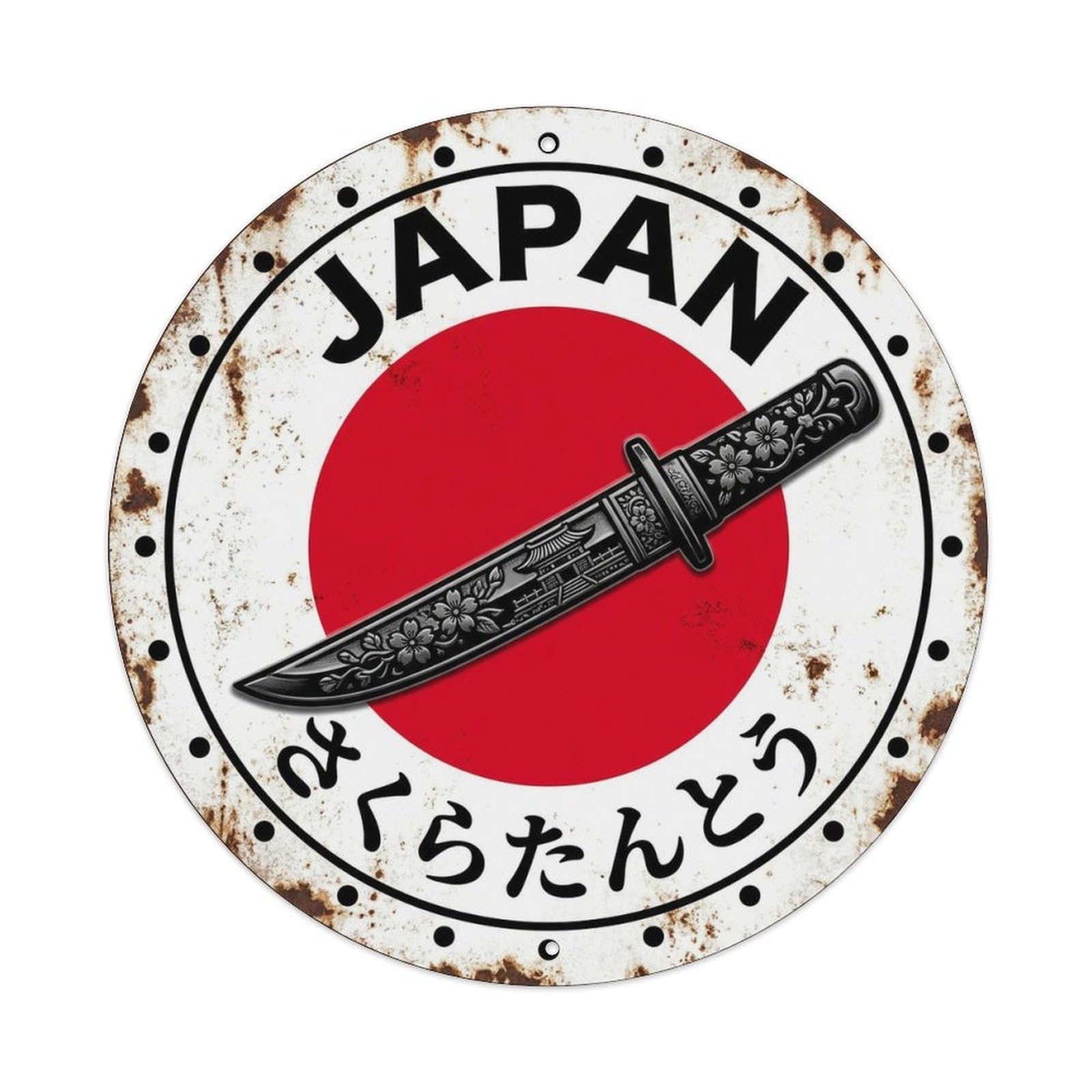 Cherry Tanto Japan Sakura Dagger Weathered Market Label Metal Tin Sign Plaque Wall Decor for Cafe, Man Cave, Club Bar, Office, Home Garden Round Metal Poster 8x8Inch