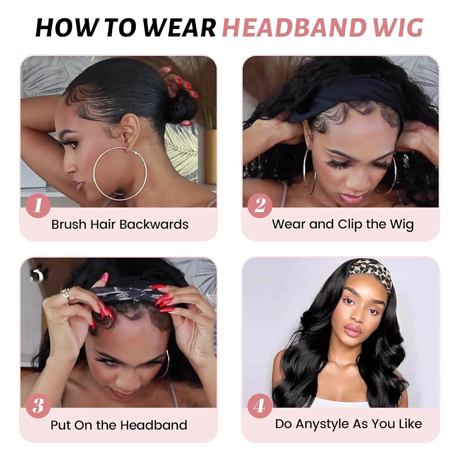 YAKI Body Wave Headband Wig Loose Curly Heabdand Wigs Glueless Synthetic Hair Natural Black Wigs for Black Women None Lace Front Wigs Headband Wigs 150% Density